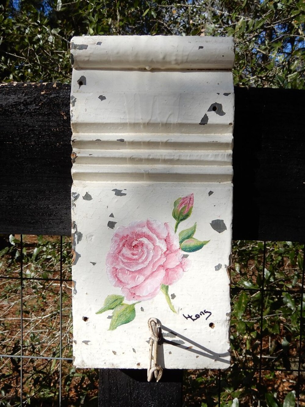 Pink Rose Hand Painted on a Vintage Plinth with Vintage Coat Hook Added